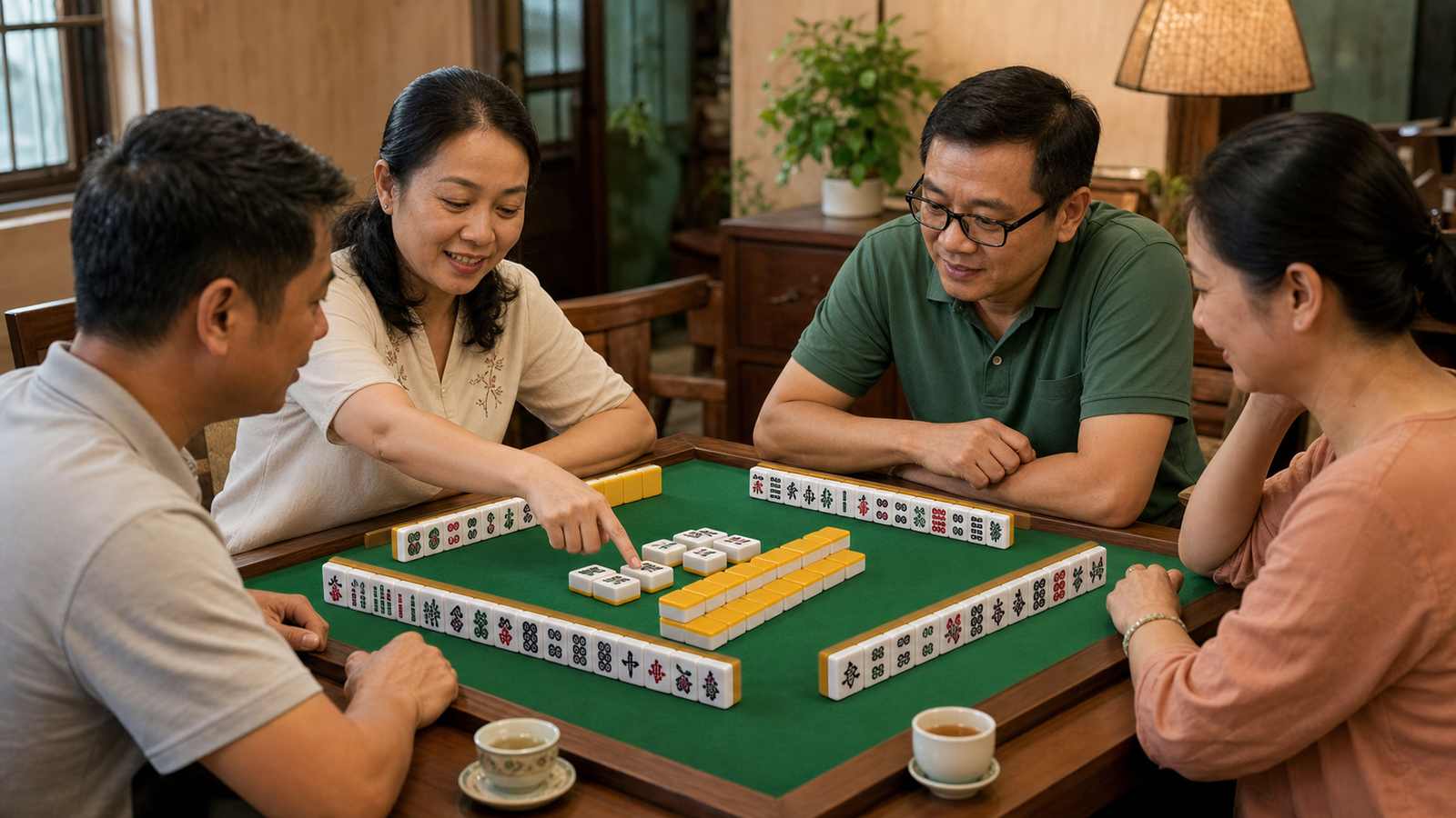Người chơi mạt chược học luật với bộ quân mặt trắng lưng vàng tại câu lạc bộ MahjongVN